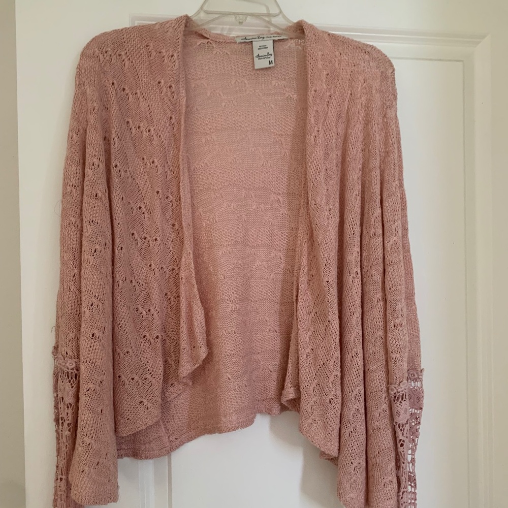 Open pink cardigan, perfect condition, size medium, lace dleeves